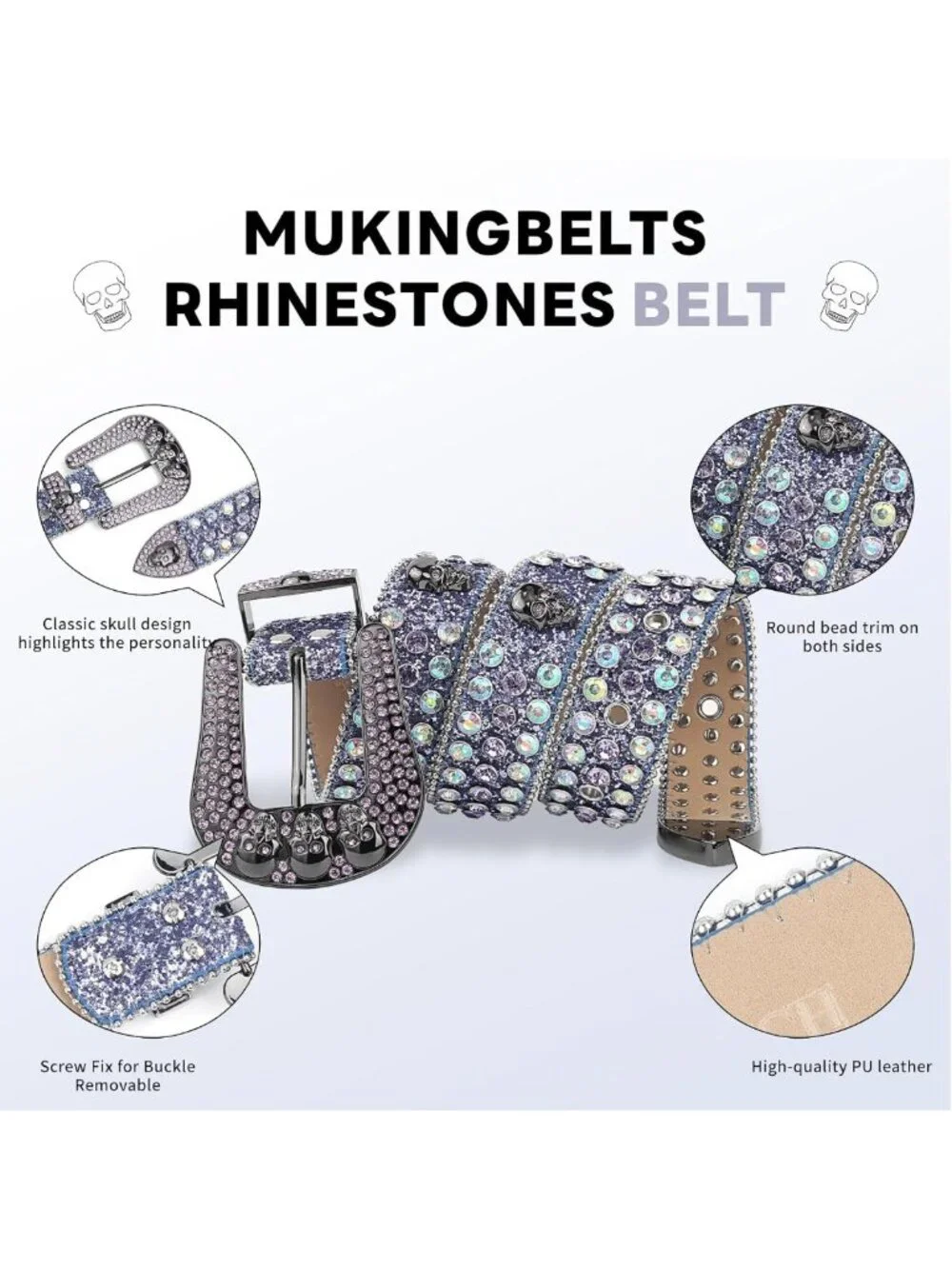 Rhinestone Studded Skull Diamond Belt for Men & Women - Western Cowboy Bling
